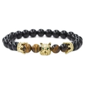 Black agate and tiger eye beaded bracelet with golden wolf head and crown charms - Gold