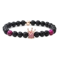 Kronenarmband mit mattschwarzen Perlen, lila Tigerauge-Steinen und roségoldenem Anhänger - Roségold