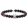 Armband mit schwarzen matten Perlen, magentafarbenen Tigeraugen und Mikro-Pavé Kronenanhänger - Weiß K/Silber