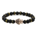 Pulsera de obsidiana negra con cabeza de buda dorada y símbolos de mantras sánscritos - Rosa oro