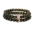 Pulsera de doble capa de ónix negro con corona dorada, mantras y piedras de circón - Juego Oro Rosa