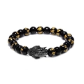 Pulsera budista de cuentas de ónix negro con cabeza de Buda y grabado dorado - Gris metalizado