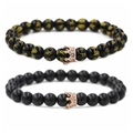 Pulsera de hombre con corona y piedras negras mate y grabado de mantra - Rosa oro