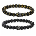 Set de pulseras de corona para hombre con cuentas mantra pulidas y piedras negras mate - Gris metalizado