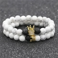 Couples crown bracelets set with white marble stone and black lava beads for men and women - White Turquoise Set
