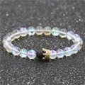 Moonstone and lava stone beaded crown bracelet with iridescent glow and gold crown detail - NBCB0009 Moonstone Small Crown