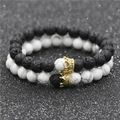Set bracciali coppia in pietra lavica e turchese bianco con corone d'oro e zirconi - Corona Piccola Lava E Corona Piccola Turchese Bianco