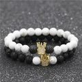 Micro-pave zircon crown bracelet set with white turquoise and black lava stones - Big Crown Set
