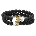 Lava stone and turquoise couple bracelets with gold micro-pave crown charms set - Volcanic Lava Rock Beaded Bracelet Set