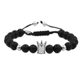 Pulsera de hombre con corona, cuentas negras mate y cordón trenzado ajustable - Plateado con Zircón Blanco