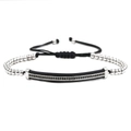 Adjustable 4mm beaded bracelet with silver metal beads and black zircon inlay - White K/Silver