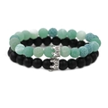 Green weathered volcanic stone and black matte bead bracelet set with silver crown charms - Double Strand Bracelet / Matte Stone Silver Crown Set