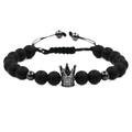 Pulsera para hombre de cuentas negras mate con corona de circonita y cordón ajustable - Circonita Blanca Bañado en Gunmetal