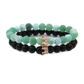 Green crackle agate and matte black crown beaded stretch bracelets for couples - Double Strand Bracelet / Matte Stone Rose Gold Crown Set