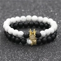 Set bracciali corona con zirconi micro-pave, turchese bianco e pietre laviche - Corona Grande Turchese Bianco E Corona Piccola Nero Opaco