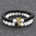Bracciali corona di coppia con perle nere opache e pietre di pino bianco con zirconi - Corona Piccola Turchese Bianco E Corona Grande Nero Opaco