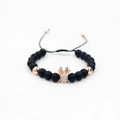 Pulsera de hombre con cuentas negras mates y corona de circón oro rosa con cordón - Oro Rosa con Zircón Blanco