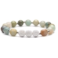 Beaded crown bracelet with green and brown volcanic stone beads on white background - Amazonite & White Lava Stone