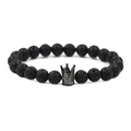 Bracelet pour hommes en pierre de lave noire 8mm avec un charme de couronne en zircon pavé - Zirconium Clair Couronne Noire