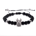 Bracelet perlé pour hommes avec couronne, pierres noires mates et cordon ajustable - Argent avec Zircon Noir