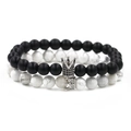 Set de pulseras de corona con cuentas negras mate y piedras de mármol blanco - Blanco K/Plata