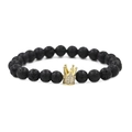 Bracelet en pierre de lave noire de 8mm avec couronne dorée pavée de zircons pour homme - Zirconium Clair Couronne Dorée