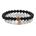 Set de pulseras de corona para parejas con cuentas negras mate y piedras turquesa blanco - Oro rosa