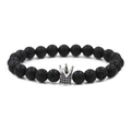 Bracelet couronne en pierre de lave noire avec zircon noir micro-pavé et perles de 8mm - Zirconium Noir Couronne Argentée