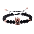 Bracelet perlé noir mat avec breloque couronne en or rose et zircons incrustés - Or Rose avec Zircon Noir