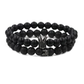 Set de pulseras de corona con cuentas de piedra negra mate y lava para parejas góticas - Negro