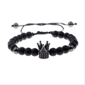 Bracelet pour homme en perles noires mates avec couronne sertie et cordon réglable - Noir avec Zircon Noir