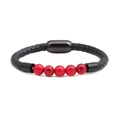 Pulsera trenzada de cuero negro con cuentas de mármol rojo y cierre magnético de acero - Rojo