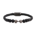 Gevlochten zwarte lederen fitness armband met matte kralen en zilveren LIFT LIVE dumbbell - Mat Zilveren Halter Stijl / Zwart