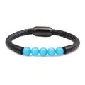 Geflochtenes schwarzes Lederarmband mit blauen Katzenaugensteinen und Magnetverschluss - Seeblau
