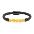 Bracelet tressé en cuir noir avec cinq perles jaunes facettées et fermoir magnétique en acier - Jaune