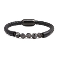 Men's black braided leather bracelet with 8mm faceted grey stone beads and magnetic clasp - Larvikite