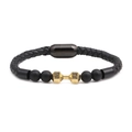 Herenarmband van zwart gevlochten leer met gouden dumbbell hanger en magnetische sluiting - Gouden Halter Stijl / Goud