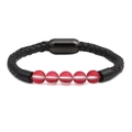 Bracelet tressé en cuir noir avec perles rouges mates et fermoir magnétique en métal - Style Perles Dépolies Rouges