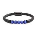 Herren Armband aus schwarzem Ledergeflecht mit blauen Katzenaugen-Steinen und Magnetverschluss - Blau