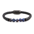 Men's braided leather bracelet with faceted natural stone beads and magnetic clasp - Blue Imperial Jasper