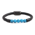 Pulsera de cuero trenzado negro con cuentas de turquesa y cierre magnético de metal - Azul