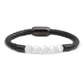 Herren Armband aus schwarzem Leder mit weißen Katzenaugen-Steinen und Magnetverschluss - Weiß
