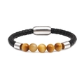 Bracciale da uomo in pelle nera intrecciata con perline occhio di tigre e chiusura in acciaio - Occhio di Tigre Oro