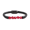 Men's punk style black braided leather bracelet with faceted red beads and magnetic clasp - Rose Red