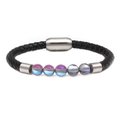 Bracelet en cuir tressé noir avec perles de lune 8mm et fermoir magnétique en acier - Gris