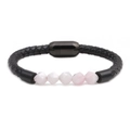 Detail view of black braided leather bracelet with five faceted pink stone beads and magnetic clasp - Pink