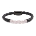Close-up of black braided leather bracelet with pink faceted stones and magnetic clasp - Light Pink