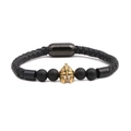 Men's black braided leather bracelet with golden Spartan helmet and matte beads - Golden Helmet