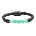 Close-up of black braided leather bracelet with faceted green natural stones and magnetic clasp - Light Green