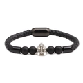 Men's black braided leather bracelet with silver Spartan helmet and matte beads - Antique Silver Helmet